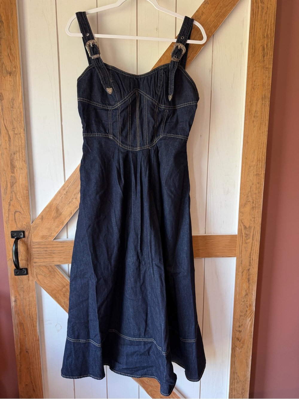 Listicle Dark Blue Denim Midi Dress with pockets
